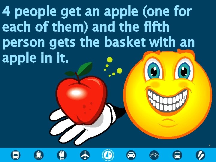 4 people get an apple (one for each of them) and the fifth person