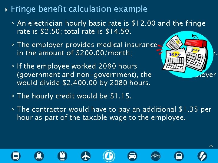  Fringe benefit calculation example ◦ An electrician hourly basic rate is $12. 00