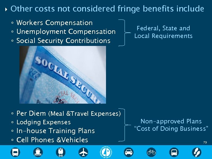  Other costs not considered fringe benefits include ◦ Workers Compensation ◦ Unemployment Compensation