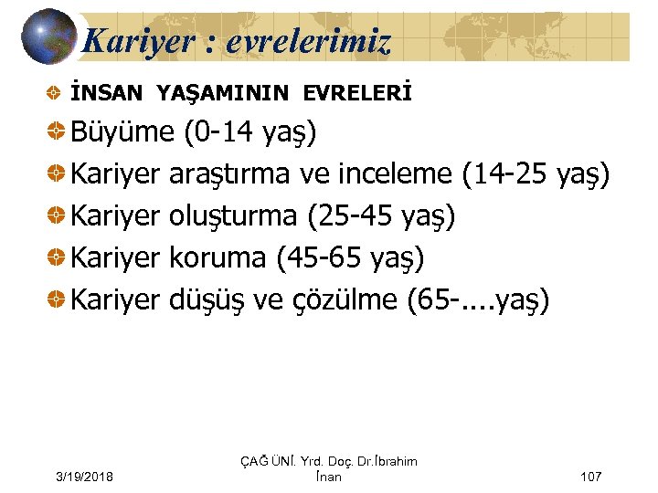 Kariyer : evrelerimiz İNSAN YAŞAMININ EVRELERİ Büyüme (0 -14 yaş) Kariyer araştırma ve inceleme