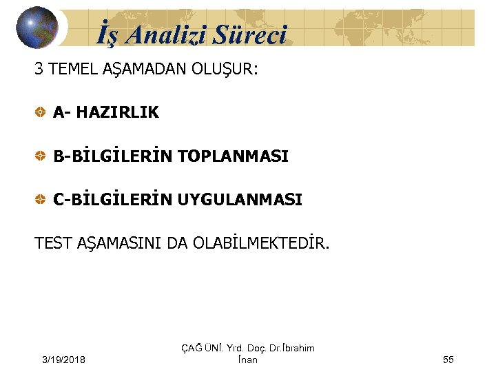 İş Analizi Süreci 3 TEMEL AŞAMADAN OLUŞUR: A- HAZIRLIK B-BİLGİLERİN TOPLANMASI C-BİLGİLERİN UYGULANMASI TEST