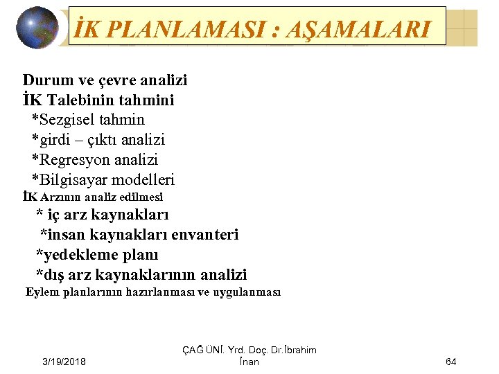 İK PLANLAMASI : AŞAMALARI Durum ve çevre analizi İK Talebinin tahmini *Sezgisel tahmin *girdi