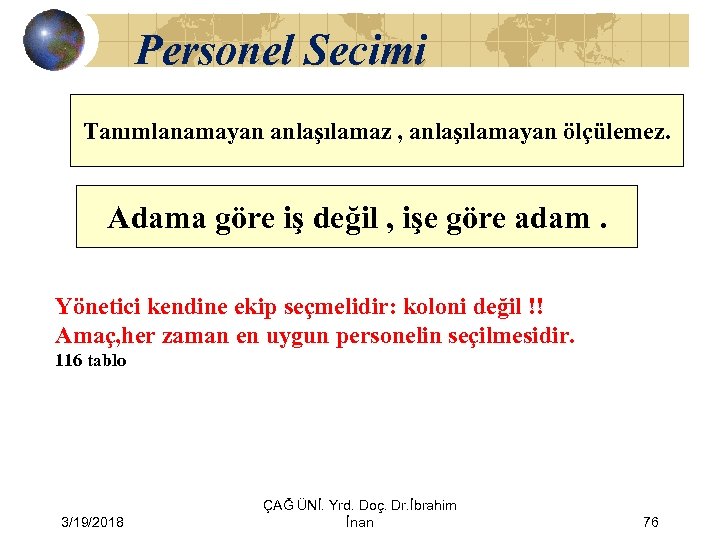 Personel Secimi Tanımlanamayan anlaşılamaz , anlaşılamayan ölçülemez. Adama göre iş değil , işe göre