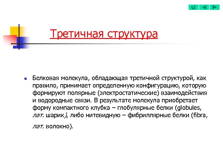 Третичная структура n Белковая молекула, обладающая третичной структурой, как правило, принимает определенную конфигурацию, которую