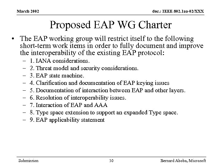 March 2002 doc. : IEEE 802. 1 aa-02/XXX Proposed EAP WG Charter • The