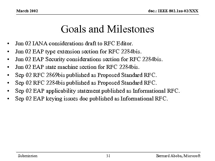 March 2002 doc. : IEEE 802. 1 aa-02/XXX Goals and Milestones • • Jun