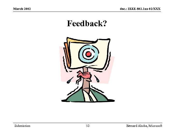 March 2002 doc. : IEEE 802. 1 aa-02/XXX Feedback? Submission 32 Bernard Aboba, Microsoft