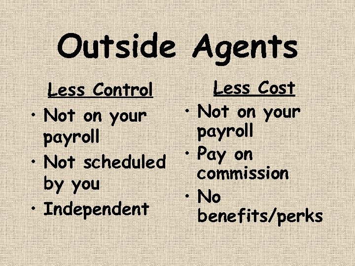 Outside Agents Less Control • Not on your payroll • Not scheduled by you
