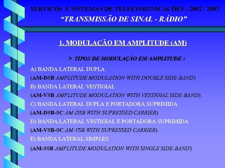 SERVIÇOS E SISTEMAS DE TELECOMUNICAÇÕES - 2002 / 2003 “TRANSMISSÃO DE SINAL - RÁDIO”