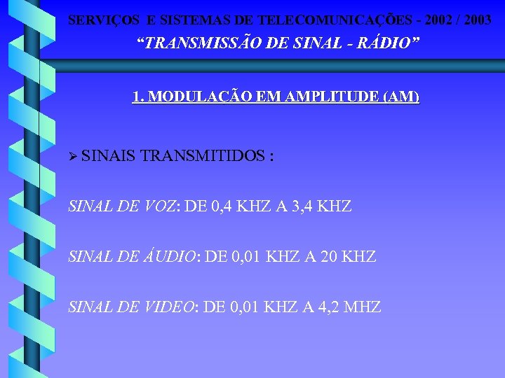 SERVIÇOS E SISTEMAS DE TELECOMUNICAÇÕES - 2002 / 2003 “TRANSMISSÃO DE SINAL - RÁDIO”