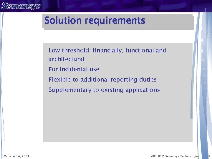 Solution requirements Low threshold: financially, functional and architectural For incidental use Flexible to additional
