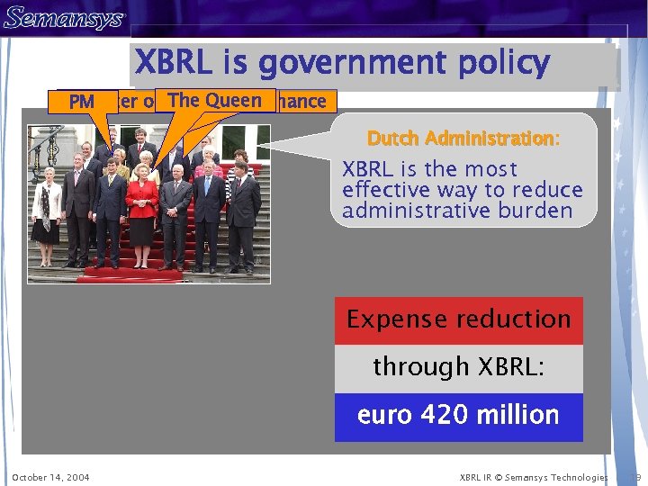 XBRL is government policy The Queen Minister of Finance the Internal PM Dutch Administration: