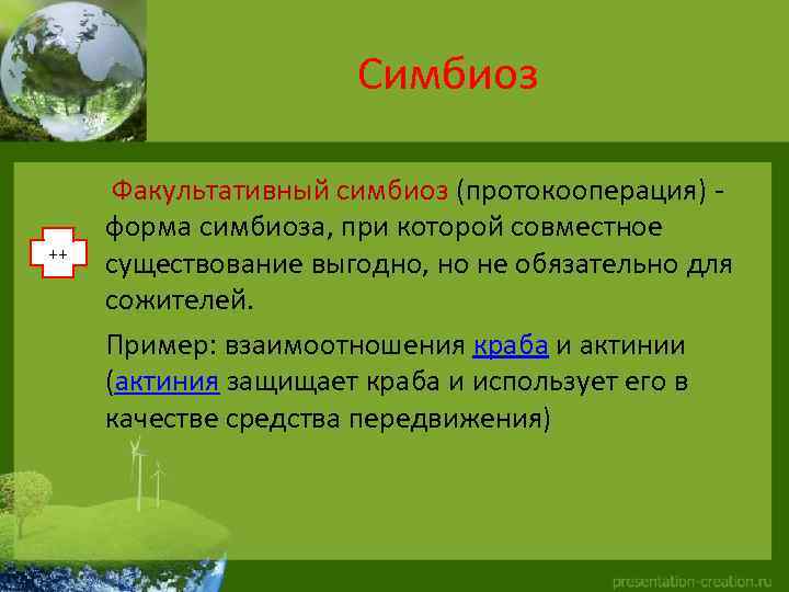 Симбиоз ++ Факультативный симбиоз (протокооперация) - форма симбиоза, при которой совместное существование выгодно, но