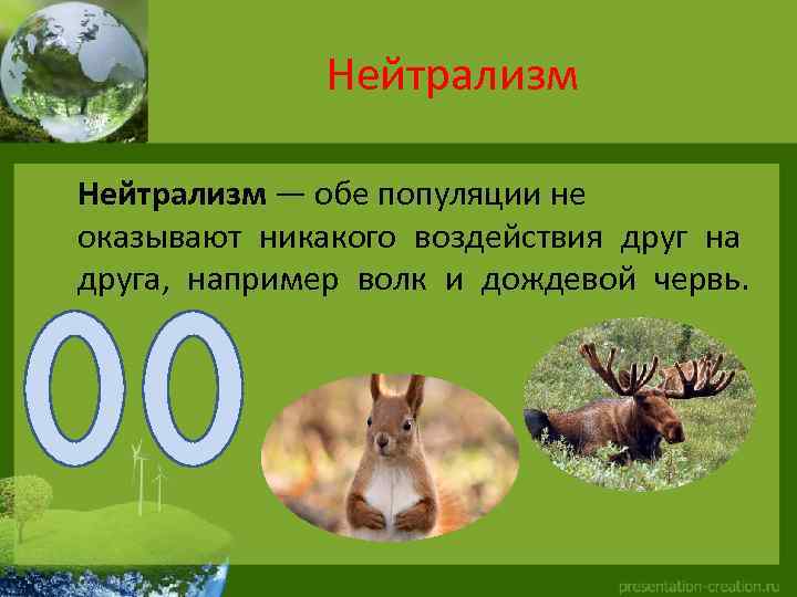 Нейтрализм — обе популяции не оказывают никакого воздействия друг на друга, например волк и