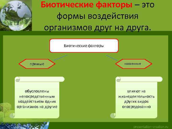 Биотические факторы – это формы воздействия организмов друг на друга. Биотические факторы прямые обусловлены