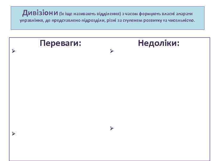 Дивізіони (їх іще називають відділення) з часом формують власні апарати управління, де представлено підрозділи,