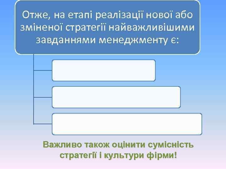 Отже, на етапі реалізації нової або зміненої стратегії найважливішими завданнями менеджменту є: Важливо також