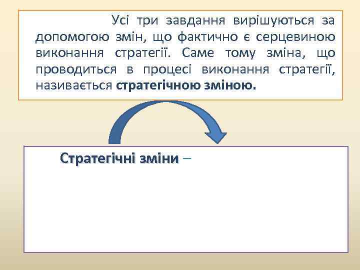  Усі три завдання вирішуються за допомогою змін, що фактично є серцевиною виконання стратегії.