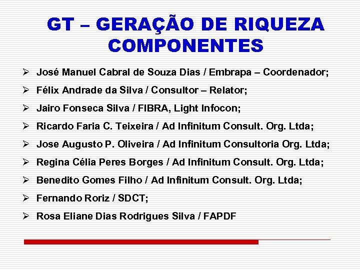 GT – GERAÇÃO DE RIQUEZA COMPONENTES Ø José Manuel Cabral de Souza Dias /