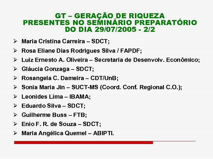 GT – GERAÇÃO DE RIQUEZA PRESENTES NO SEMINÁRIO PREPARATÓRIO DO DIA 29/07/2005 - 2/2