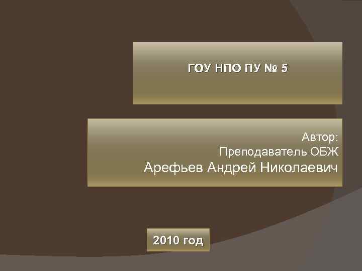 ГОУ НПО ПУ № 5 Автор: Преподаватель ОБЖ Арефьев Андрей Николаевич 2010 год 