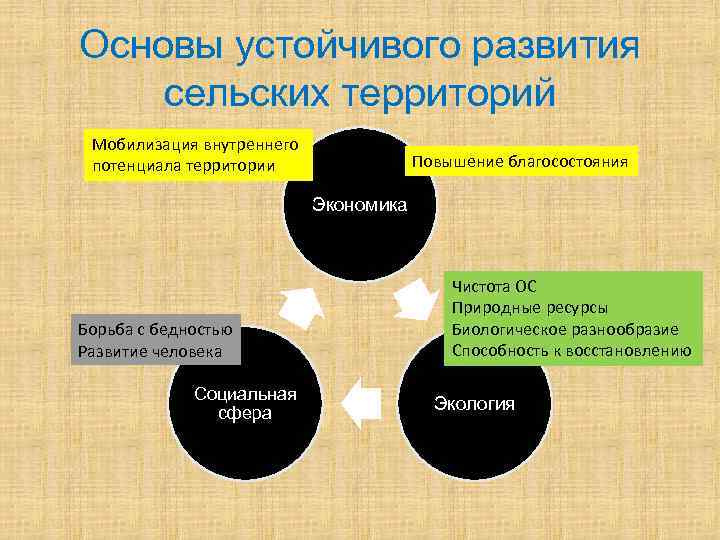 Основы устойчивого развития сельских территорий Мобилизация внутреннего потенциала территории Повышение благосостояния Экономика Борьба с