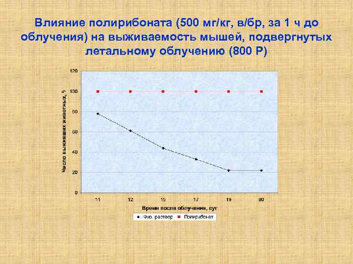 Влияние полирибоната (500 мг/кг, в/бр, за 1 ч до облучения) на выживаемость мышей, подвергнутых