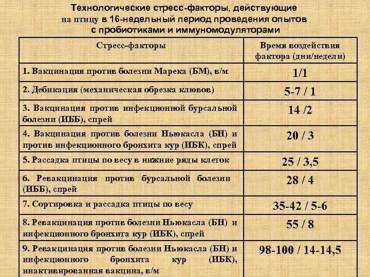 Технологические стресс-факторы, действующие на птицу в 16 -недельный период проведения опытов с пробиотиками и