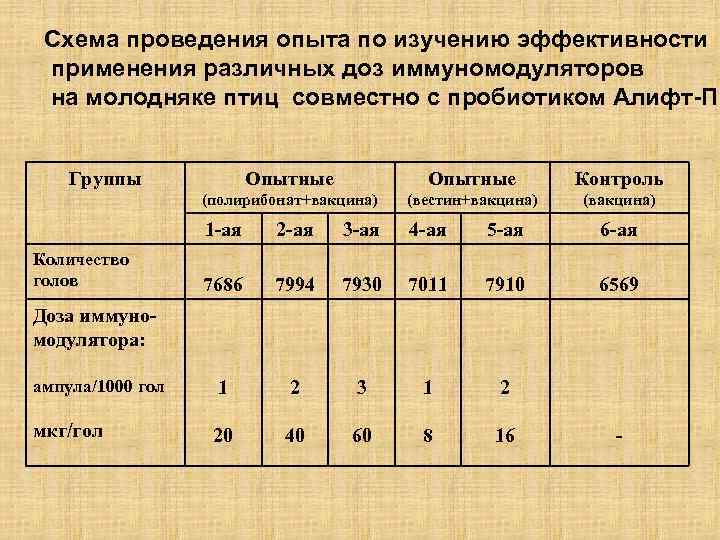 Схема проведения опыта по изучению эффективности применения различных доз иммуномодуляторов на молодняке птиц совместно