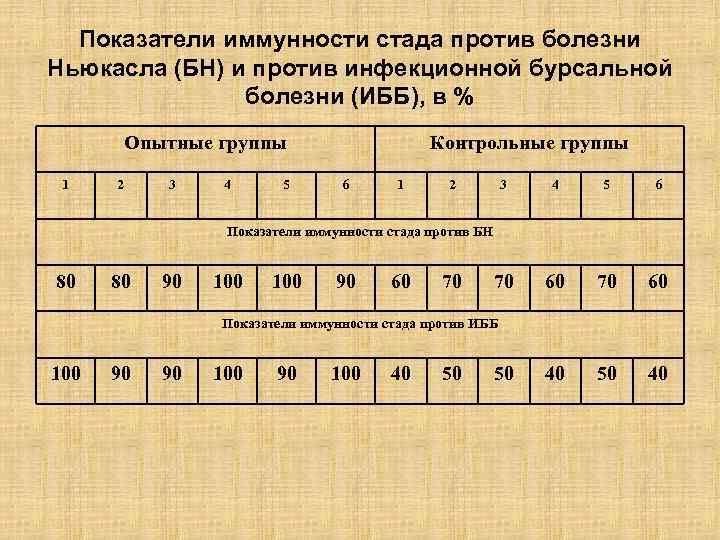 Показатели иммунности стада против болезни Ньюкасла (БН) и против инфекционной бурсальной болезни (ИББ), в
