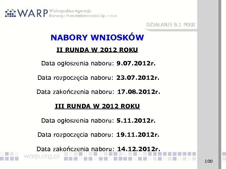 DZIAŁANIE 8. 1 POIG NABORY WNIOSKÓW II RUNDA W 2012 ROKU Data ogłoszenia naboru:
