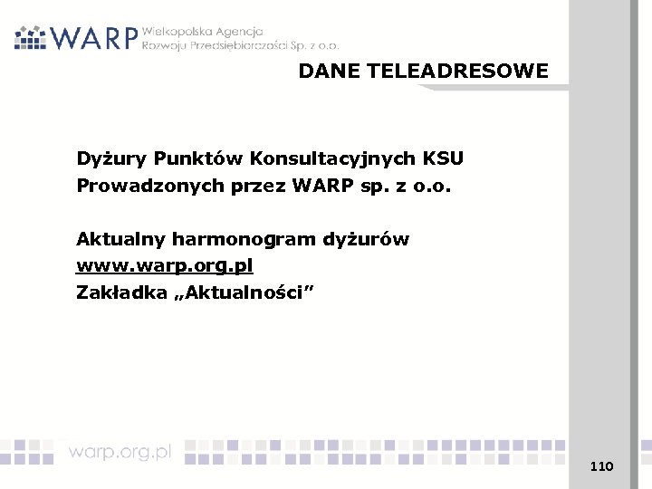 DANE TELEADRESOWE Dyżury Punktów Konsultacyjnych KSU Prowadzonych przez WARP sp. z o. o. Aktualny