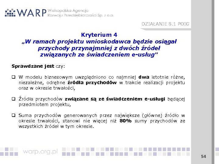 DZIAŁANIE 8. 1 POIG Kryterium 4 „W ramach projektu wnioskodawca będzie osiągał przychody przynajmniej