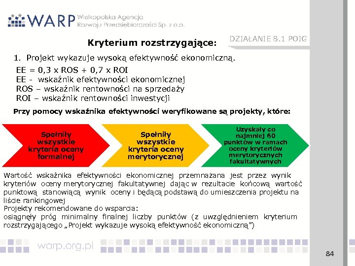 Kryterium rozstrzygające: DZIAŁANIE 8. 1 POIG 1. Projekt wykazuje wysoką efektywność ekonomiczną. EE =