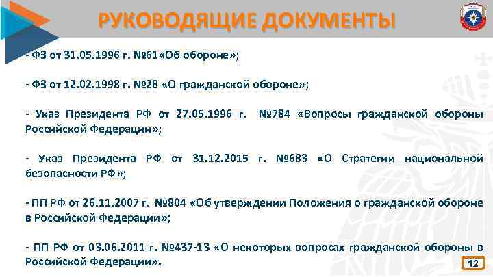 РУКОВОДЯЩИЕ ДОКУМЕНТЫ - ФЗ от 31. 05. 1996 г. № 61 «Об обороне» ;