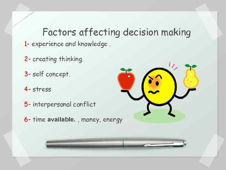 Factors affecting decision making 1 - experience and knowledge. 2 - creating thinking. 3