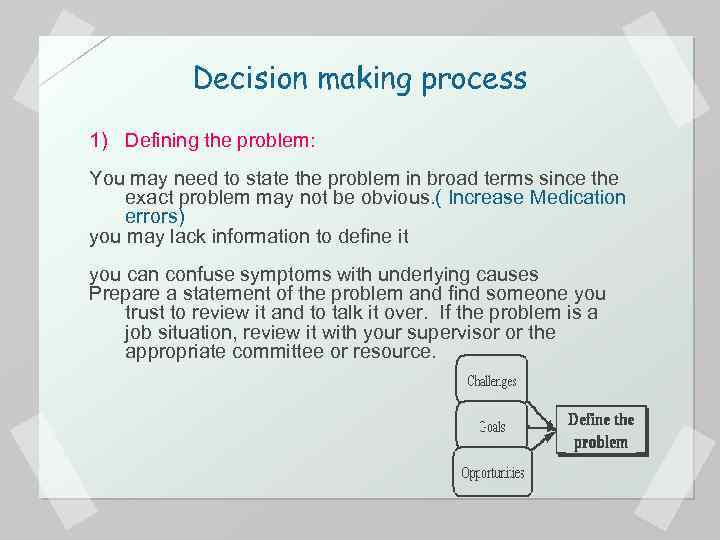 Decision making process 1) Defining the problem: You may need to state the problem