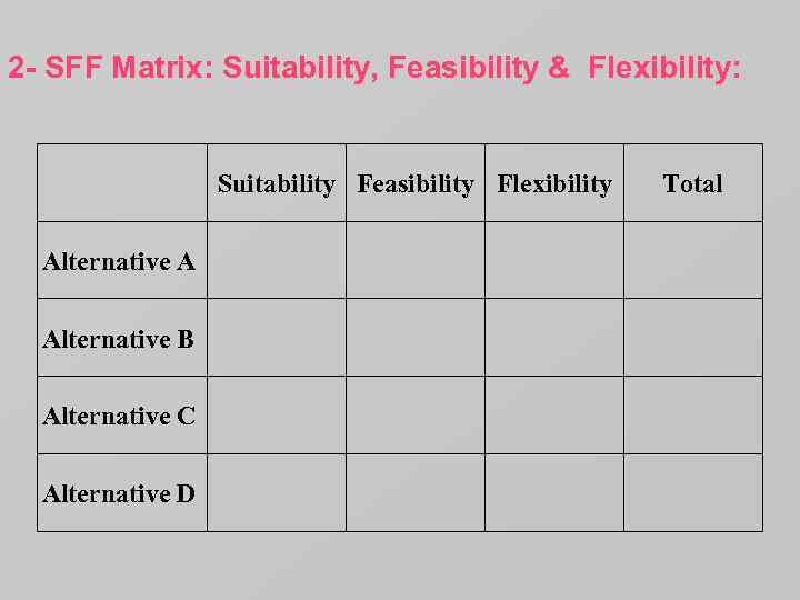 2 - SFF Matrix: Suitability, Feasibility & Flexibility: Suitability Feasibility Flexibility Alternative A Alternative