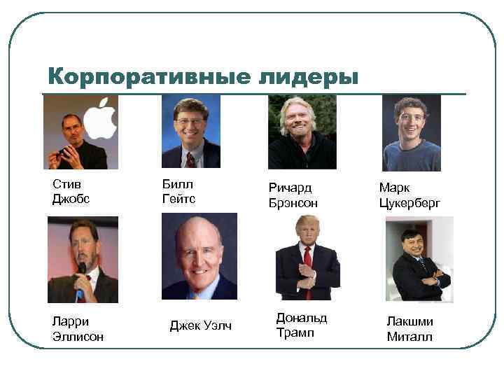 Корпоративные лидеры Стив Джобс Ларри Эллисон Билл Гейтс Джек Уэлч Ричард Брэнсон Дональд Трамп