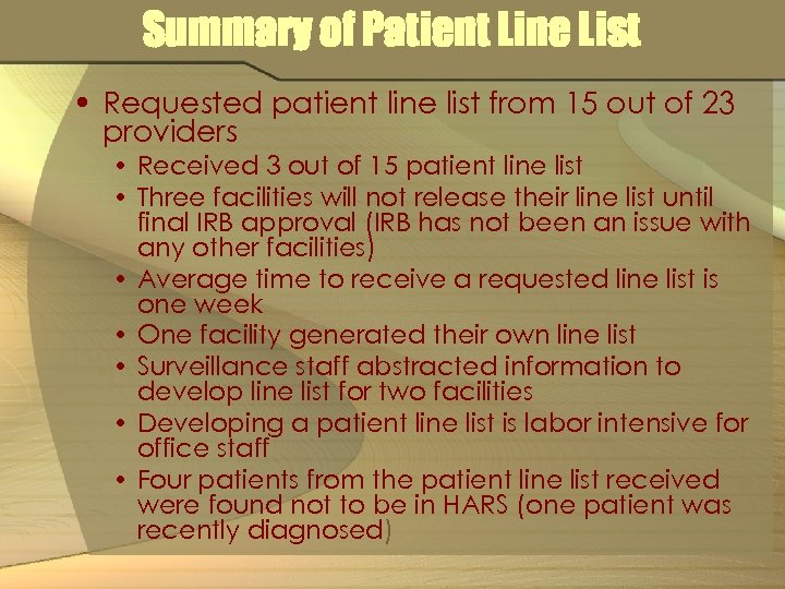 Summary of Patient Line List • Requested patient line list from 15 out of