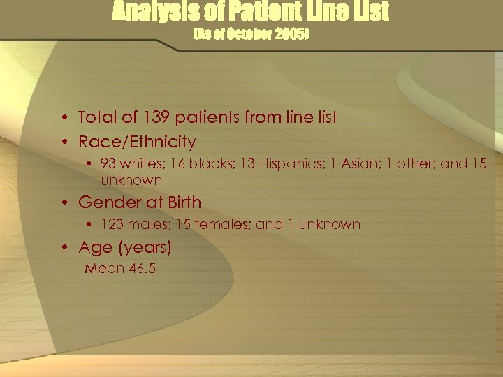 Analysis of Patient Line List (As of October 2005) • Total of 139 patients