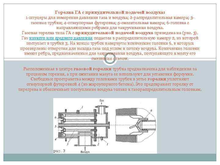 Горелка ГА с принудительной подачей воздуха: 1 штуцеры для измерения давления газа и воздуха;