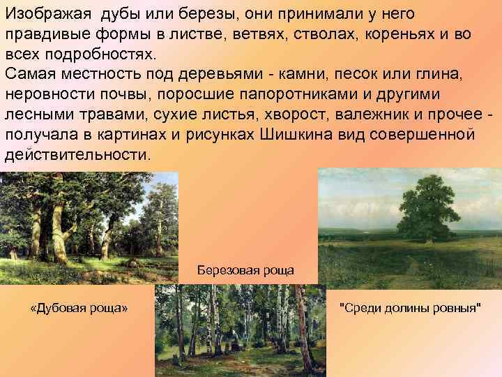 Изображая дубы или березы, они принимали у него правдивые формы в листве, ветвях, стволах,