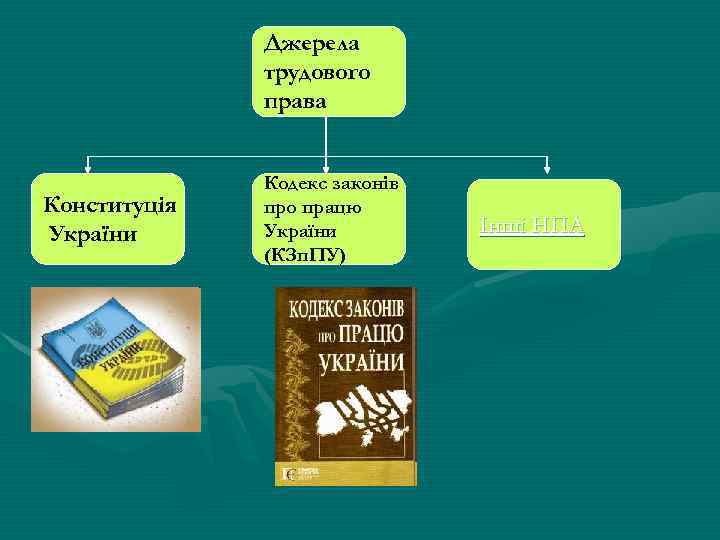 Джерела трудового права Конституція України Кодекс законів про працю України (КЗп. ПУ) Інші НПА