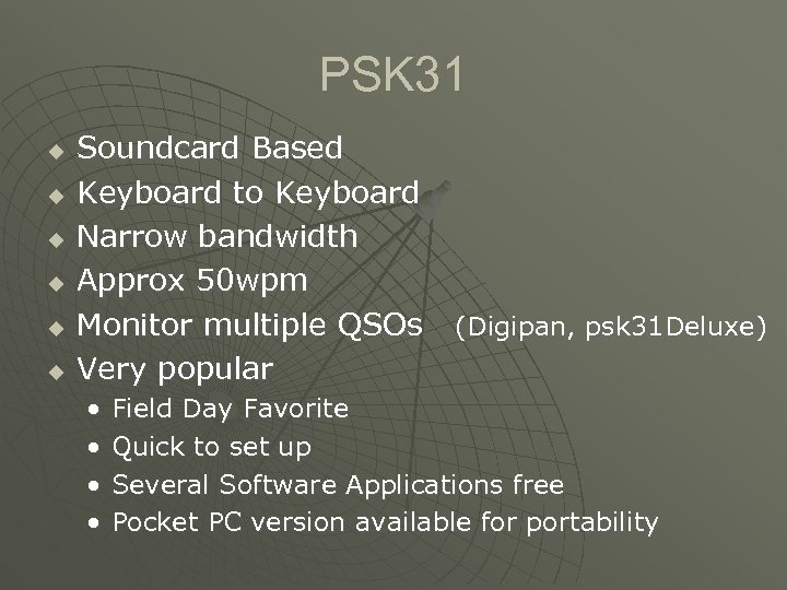 PSK 31 u u u Soundcard Based Keyboard to Keyboard Narrow bandwidth Approx 50
