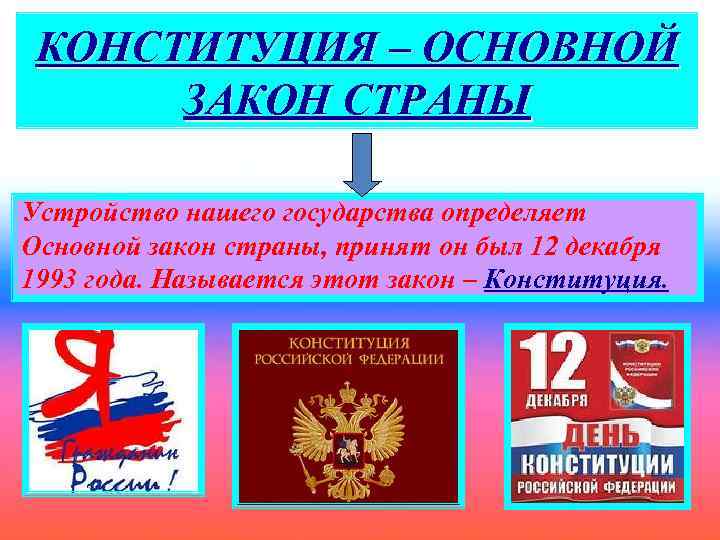 КОНСТИТУЦИЯ – ОСНОВНОЙ ЗАКОН СТРАНЫ Устройство нашего государства определяет Основной закон страны, принят он