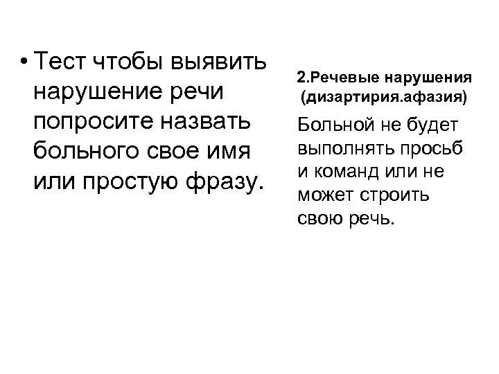  • Тест чтобы выявить нарушение речи попросите назвать больного свое имя или простую