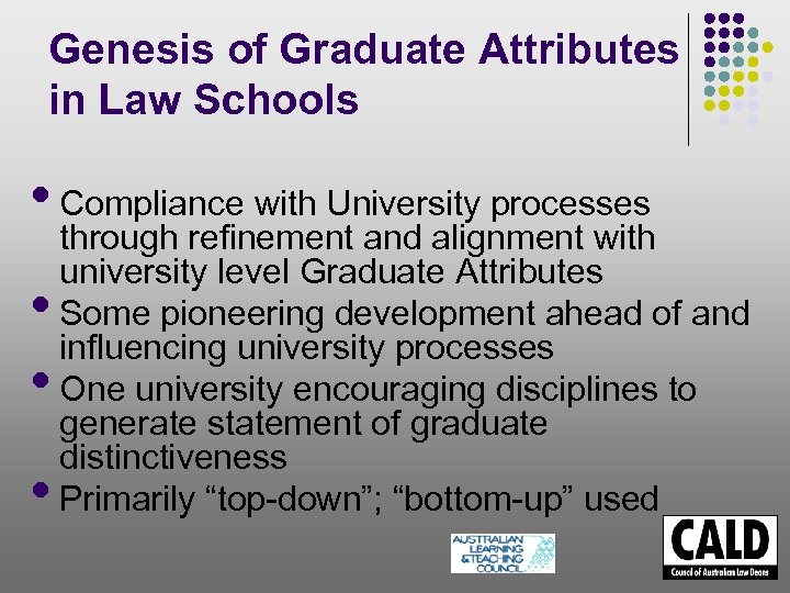 Genesis of Graduate Attributes in Law Schools • Compliance with University processes • •