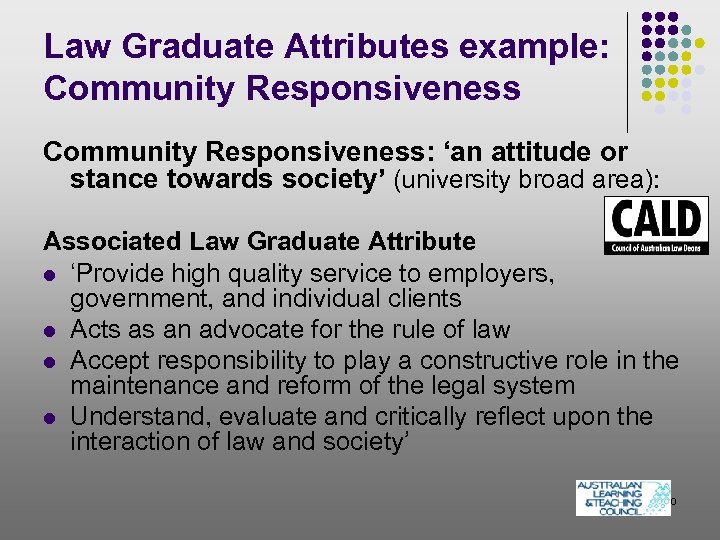 Law Graduate Attributes example: Community Responsiveness: ‘an attitude or stance towards society’ (university broad