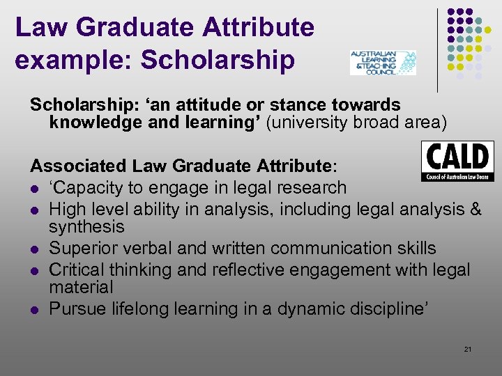Law Graduate Attribute example: Scholarship: ‘an attitude or stance towards knowledge and learning’ (university